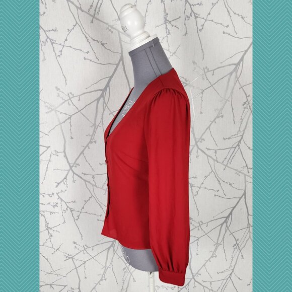 Babaton Red Button Front Tie Back V-Neck Blouse Career Feminine - Picture 2 of 3